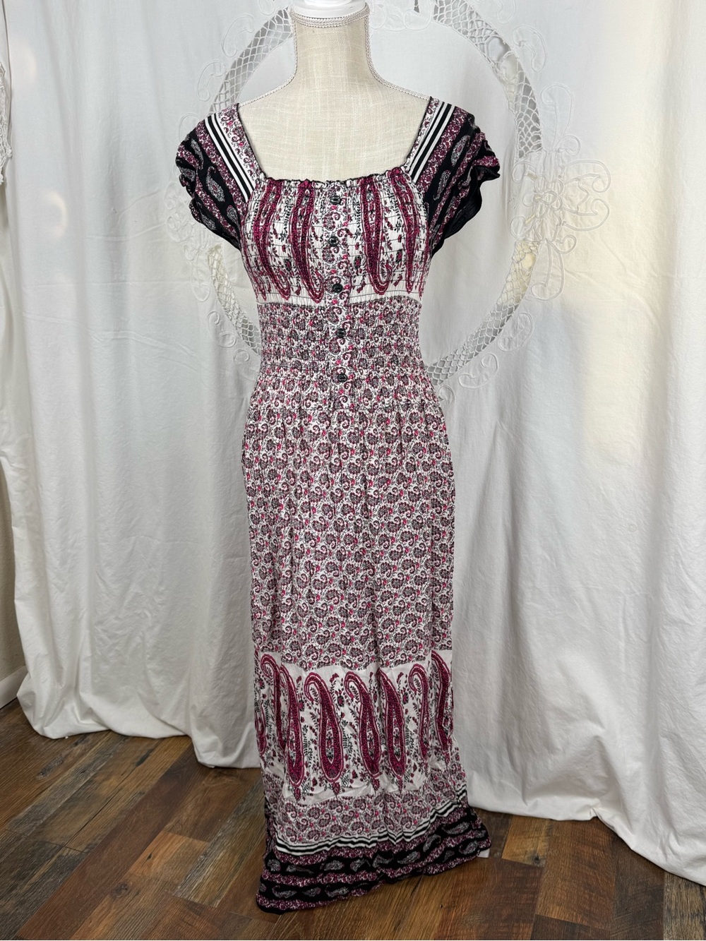 Paisley Smocked Maxi Dress — Pink & Black - Size Large (not XXL)